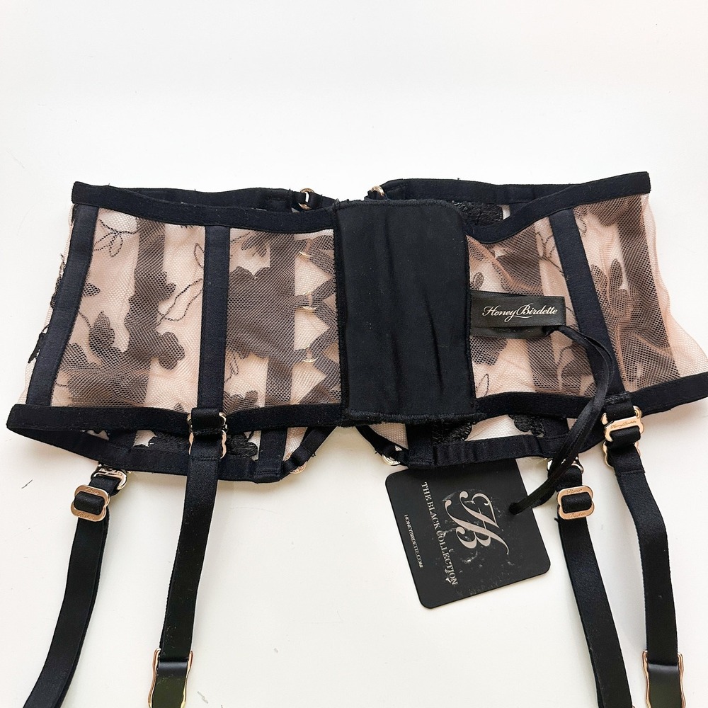 Honey Birdette Alice Black Floral Lace Suspender Garter Size XS NWT - Picture 4 of 5